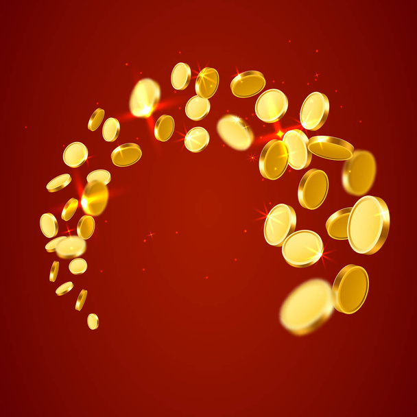 Falling coins, falling money, flying gold coins, golden rain. Jackpot or success concept. Modern background. - Vector, afbeelding