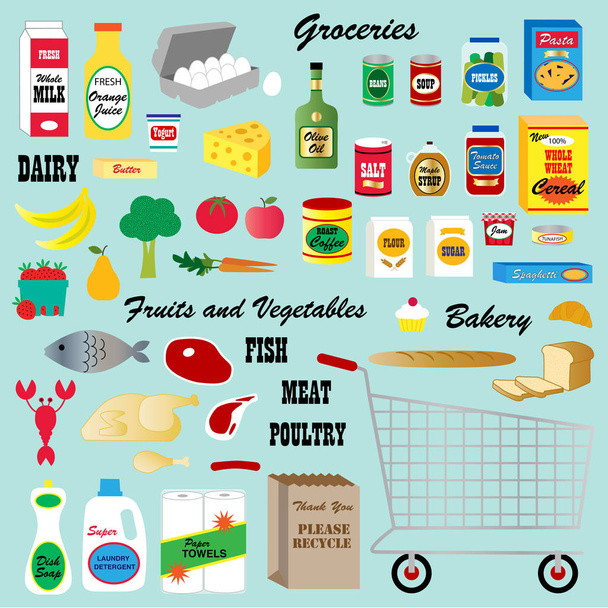 Lebensmittelgeschäft Symbole auf blauem Hintergrund - Vektor, Bild