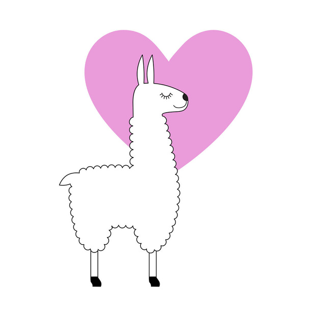 cute llama with pink heart isolated on white - Vektor, kép