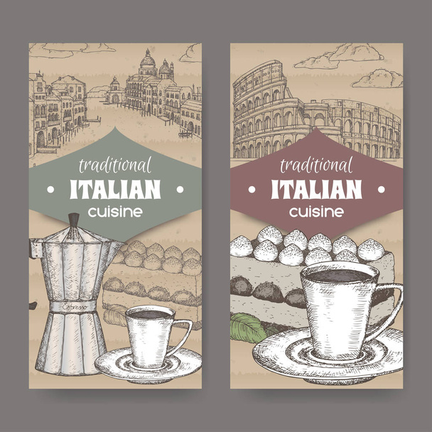 Two Italian cuisine labels with Venice and Rome landscape, color tiramisu dessert, coffee cup and pot on cardboard. - Vector, imagen