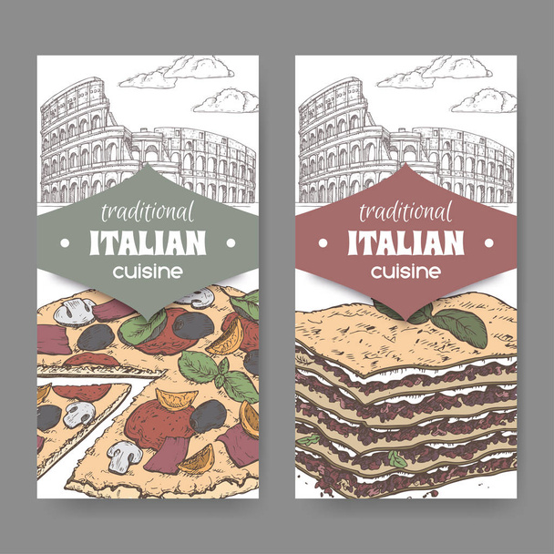 Two color banners with Rome landscape, pizza and lasagna on white. - Vetor, Imagem