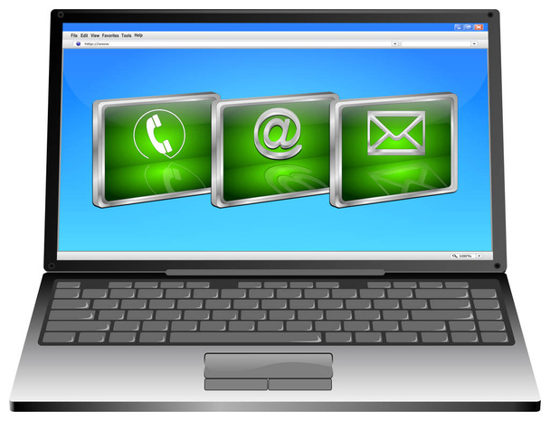 Laptop met groene contact knop op blauwe desktop - 3d illustratie - Foto, afbeelding