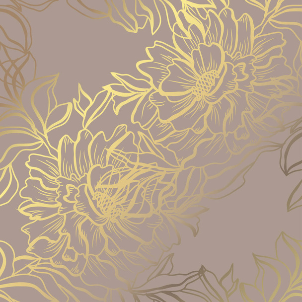 Elegant golden pattern with hand drawn decorative peonies, design elements. Floral pattern for invitations, greeting cards, scrapbooking, print, gift wrap, manufacturing - Vector, afbeelding