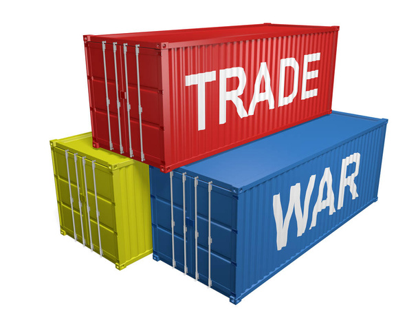 Montón de contenedores de envío para importaciones y exportaciones con las palabras guerra comercial, representación 3D sobre un fondo blanco
 - Foto, imagen