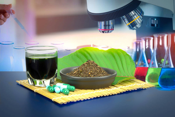 Mitragynina speciosa or Kratom leaves with powder product in white ceramic bowl and water from the extracts the kratom leaves. Supplement kratom green capsules. scientist working at the laboratory with color liquids in glassware and Mitragyna specios - Foto, afbeelding