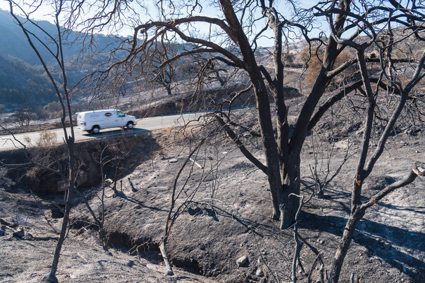 Paysage brûlé le long de l'autoroute 150 près du lac Casitas. Conséquences du feu de Thomas
. - Photo, image