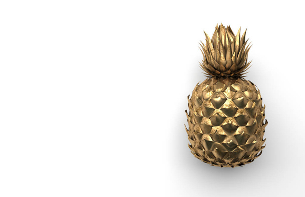 Один золотий ананас ізольований на білому тлі з простором для тексту. Тропічні екзотичні фрукти. Вид спереду. 3D візуалізація
. - Фото, зображення
