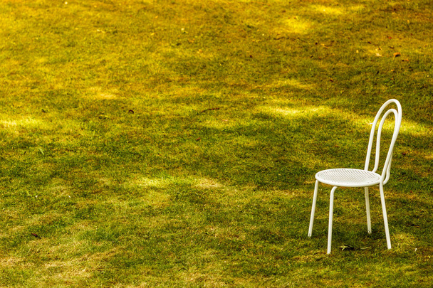 Samotny biały vintge krzesło na zielonej trawie. Strzał, nikt na zewnątrz. - Zdjęcie, obraz