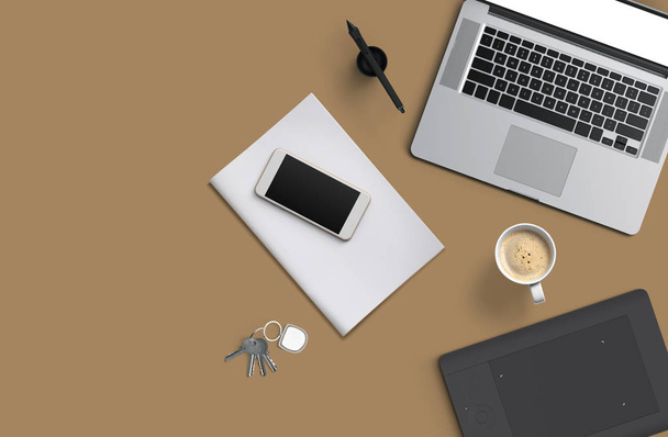 Scrivania da ufficio con computer portatile, smartphone con schermo nero su un taccuino e una tazza di caffè. Vista dall'alto
. - Foto, immagini