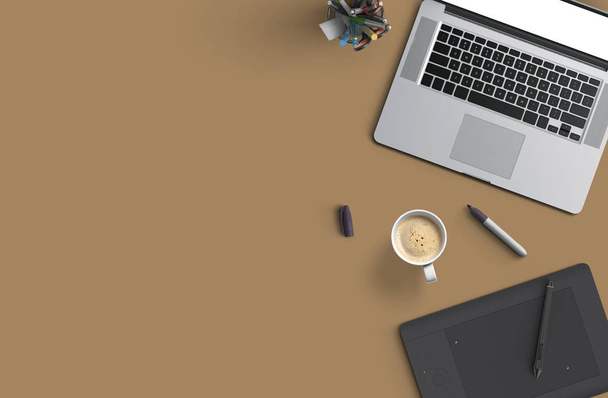 Mesa de escritorio de oficina con ordenador portátil, smartphone con pantalla negra sobre un portátil y una taza de café. Vista superior
. - Foto, Imagen