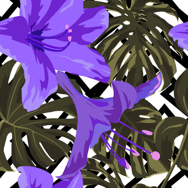 Tropical Print. Jungle Seamless Pattern. Vector Tropic Summer Motif with Hawaiian Flowers.  - Vettoriali, immagini