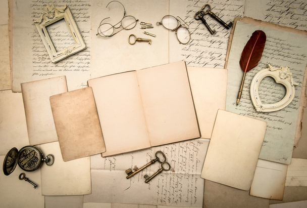 open book, vintage accessories, old letters and documents - Φωτογραφία, εικόνα