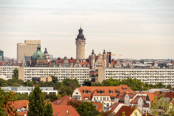 Panorama of the city of Leipzig with tall buildings, town hall and churches - Photo, Image