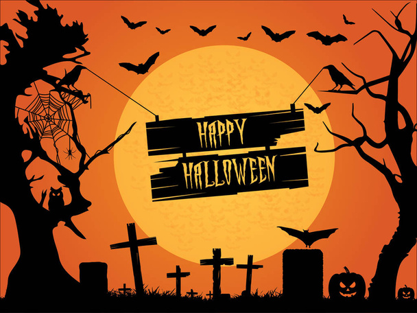 Happy halloween. Halloween background. Halloween vector background with pumpkins, flying bats, trees, spider, crow and full moon.  - Vector, Image