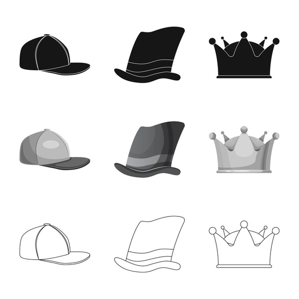 Vector illustration of headgear and cap sign. Set of headgear and accessory stock symbol for web. - Vetor, Imagem