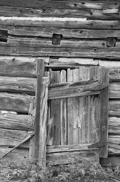Ancien mur de cabane en rondins grondés avec vieux backgro de porte en bois
 - Photo, image