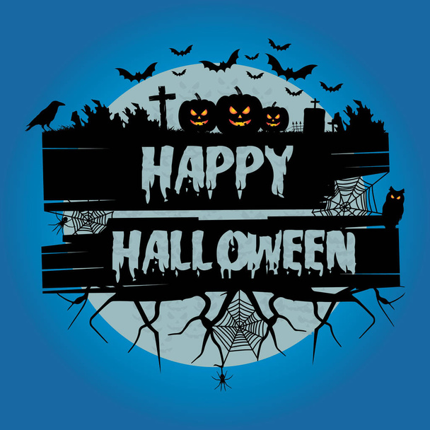 Happy halloween. Blue halloween background. Halloween vector background with pumpkins, flying bats, trees, spider, crow and full moon.  - Vector, Image