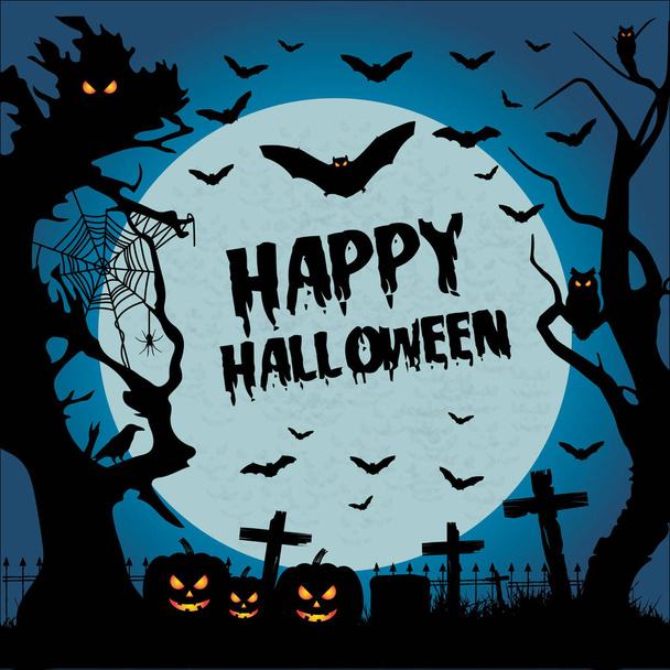 Happy halloween. Blue halloween background. Halloween vector background with pumpkins, flying bats, trees, spider, crow and full moon.  - Vector, Image