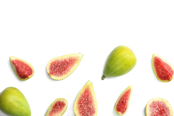 Fresh ripe figs on white background, top view. Space for text - Photo, Image
