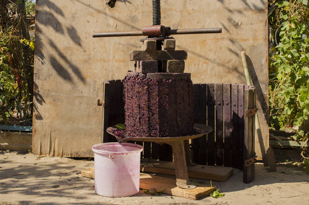 Weinherstellung. Technologie der Weinproduktion. die volkstümliche Tradition der Weinherstellung. Weinproduktion in Moldawien. die alte Tradition der Traubenverarbeitung. Die Pressmaschine wird verwendet, um den Wein zu pressen.  - Foto, Bild