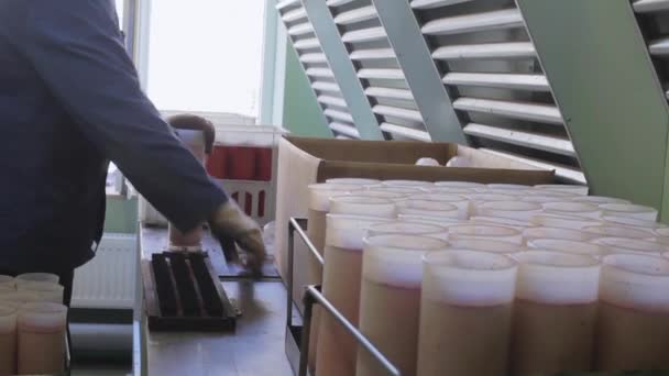 Travailleur en uniforme et gants déplie tubes en plastique orange dans la salle de laboratoire
 - Séquence, vidéo