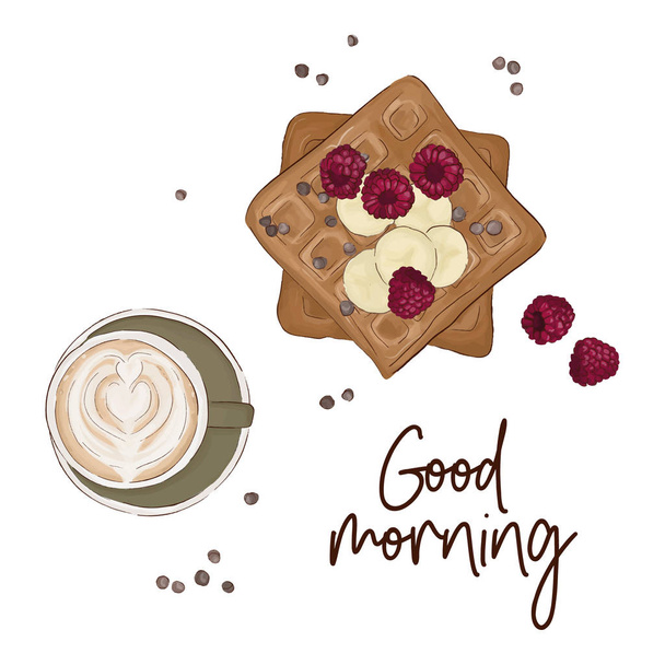 Coffee with Belgian waffles and fruits vector illustration. Good morning quote. Breakfast food sketch. Fast food continental meal. Bananas, redberry, waffles and chocolate latte cozy decoration. - Вектор, зображення