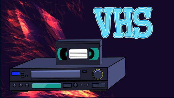 Old retro wines antique analog hipster video recorder with magnetic video tape for watching movies and the inscription VHS on the abstract energy background - Vector, Image