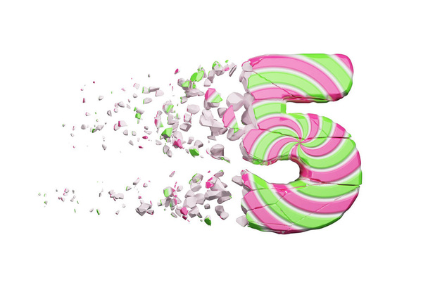 Broken shattered alphabet number 5. Crushed font made of pink and green striped lollipop. 3D render isolated on white background. - Foto, Bild