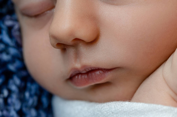 Newborn - baby, face close-up. The sleeping Newborn boy under a white knitted blanket lies on the blue fur. - Photo, image