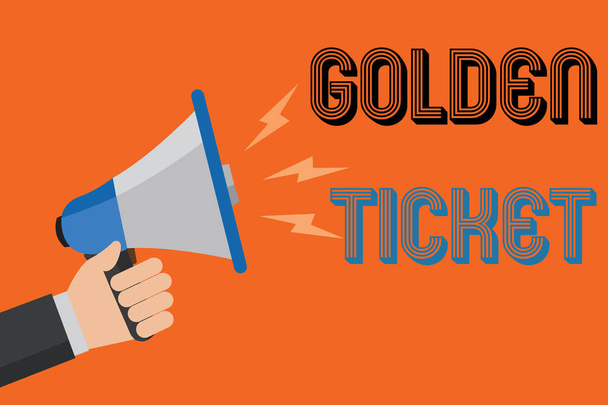 Conceptual hand writing showing Golden Ticket. Business photo text Rain Check Access VIP Passport Box Office Seat Event Man holding loudspeaker orange background message speaking loud. - Photo, Image