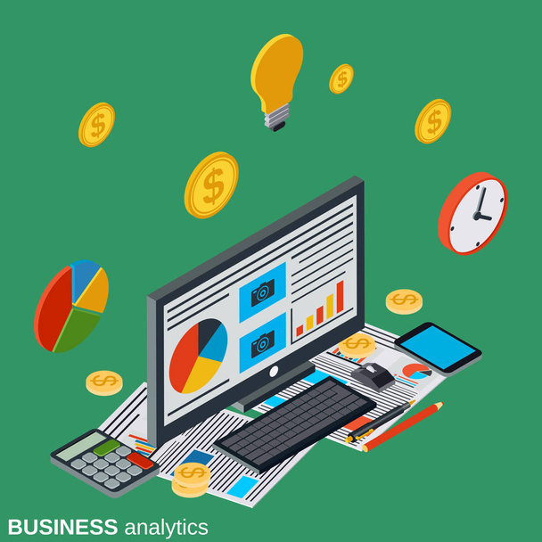 Business analytics, financial statistics flat 3d isometric vector concept illustration - Vector, Image