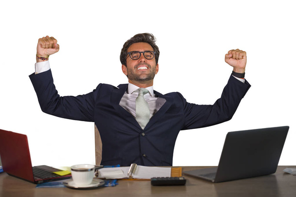 office corporate portrait of young handsome and attractive happy businessman smiling cheerful and satisfied enjoying business success feeling as a winner isolated on white background - Foto, Imagen