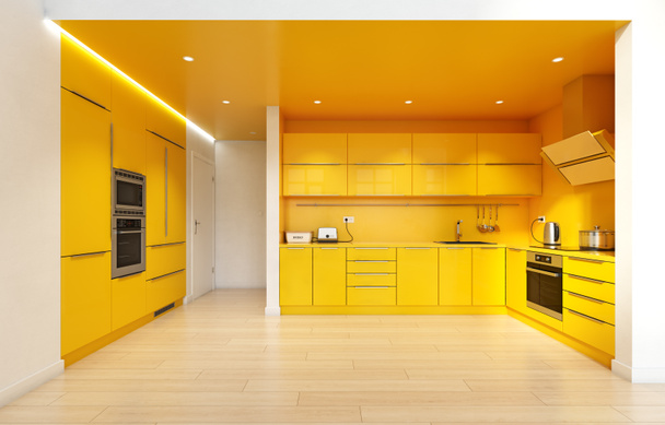 moderne gele kleur keuken interieur. 3D rendering ontwerpconcept - Foto, afbeelding
