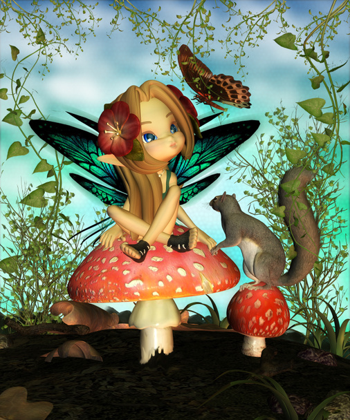 Fairy On Mushroom - "Oh pretty butterfly" - Photo, Image
