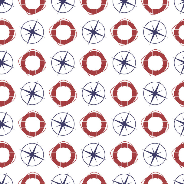 Nautische naadloze patroon met compas en ring reddingsboei. - Vector, afbeelding
