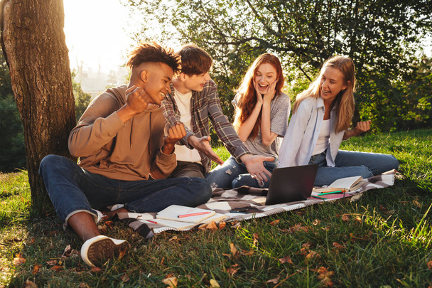 Group of happy multhiethnic students doing homework together at the park, using laptop computer, celebrating - 写真・画像