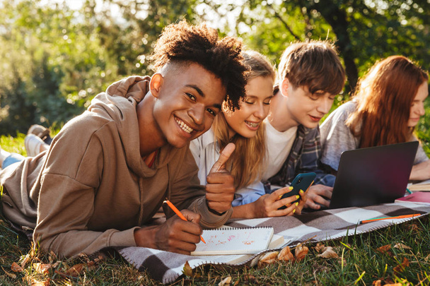 Gruppe entzückter multinationaler Schüler, die gemeinsam im Park Hausaufgaben machen, Laptop und Handy benutzen und auf einer Wiese liegen - Foto, Bild