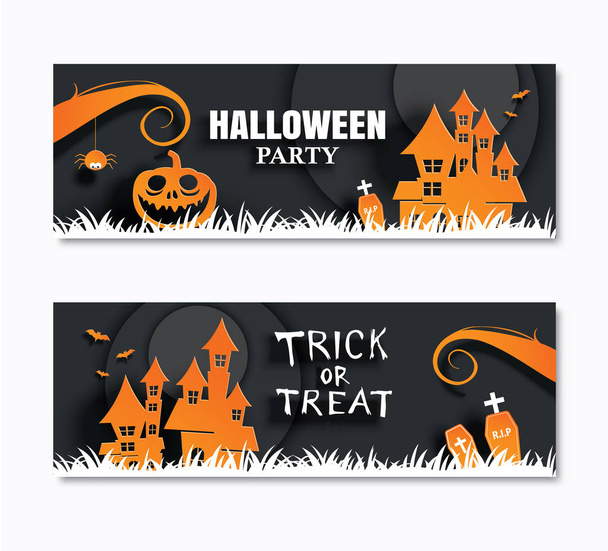 Halloween party invitations banner and greeting cards. Paper art background. - Vetor, Imagem