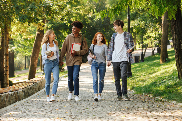 Grupa studentów szczęśliwy spaceru w kampusie na zewnątrz, rozmowa - Zdjęcie, obraz