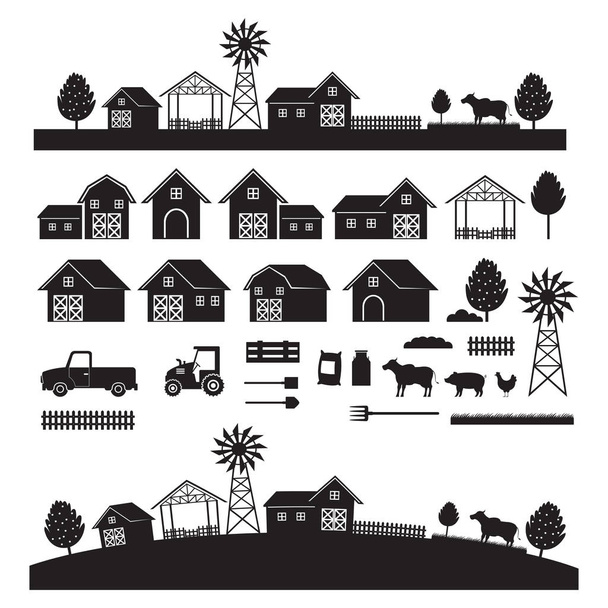 Objetos de granja y paisaje, Conjunto de siluetas, Agricultura, Agricultura, Cultivo y tierras de cultivo
 - Vector, imagen
