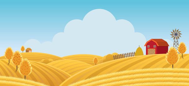 Farma na kopci s pole žluté nebo zlaté pozadí, zemědělství, kultivovat, krajina, pole, venkovské - Vektor, obrázek