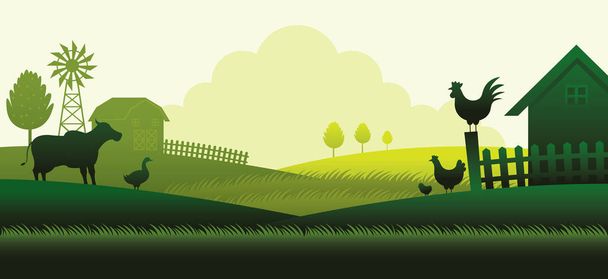 Farm with Animals Silhouette Background, Agriculture, Cultivate, Countryside, Field, Rural - Vector, Image