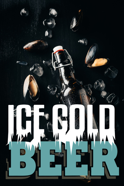 flat lay com garrafa de cerveja, mexilhões e cubos de gelo dispostos em mesa escura com letras "cerveja de ouro gelado"
 - Foto, Imagem