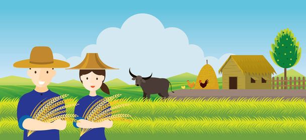 Ταϊλάνδης αγρότης με ρύζι και ριζοχώραφο φόντο, Ταϊλάνδη κατοχής και εξοχή σκηνή - Διάνυσμα, εικόνα