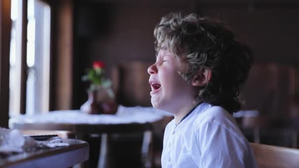 Boy Crying. Upset Little Child Cry At Cafe - Záběry, video