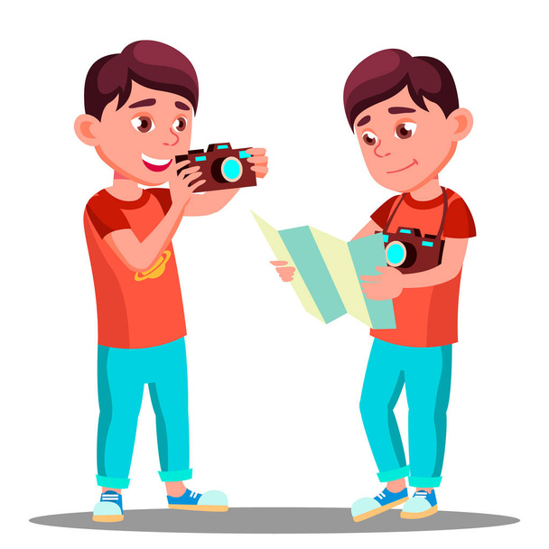 Ładny mały chłopiec zrobić zdjęcie z kamery w jego ręce wektor. Ilustracja na białym tle - Wektor, obraz