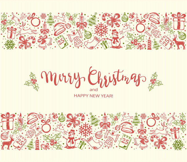 Feliz Navidad y Feliz Año Nuevo con elementos decorativos en una tarjeta beige. Letras navideñas con decoración roja y verde, ilustración
. - Vector, Imagen