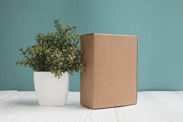 Empty Package brown cardboard box or tray and little decoration tree in white vase on bright white wooden table with green wall background. copy space for add text or advertising word. - Photo, Image