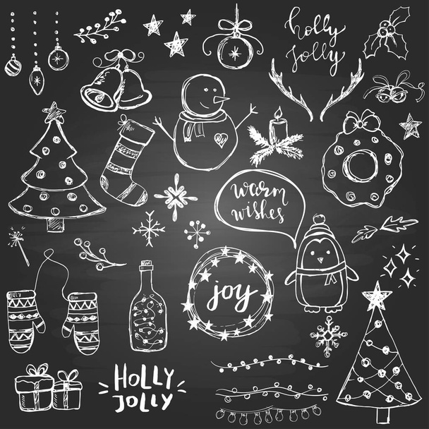 Set von niedlichen und einfachen handgezeichneten Weihnachtselementen auf dem Tafel-Hintergrund - Vektor, Bild