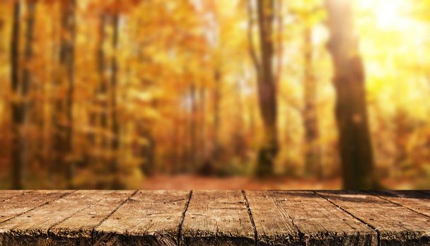Empty wooden table with blurred natrural background - Photo, Image
